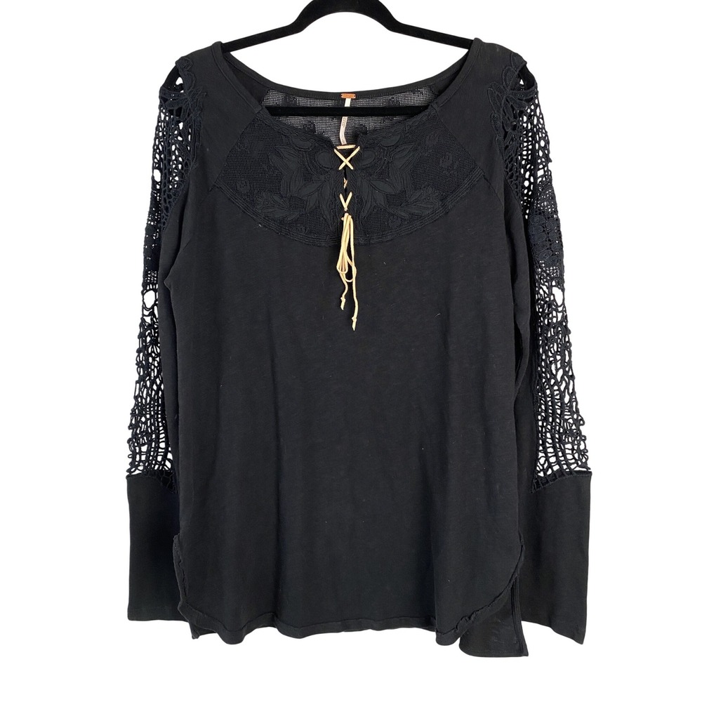 Free People Crochet Lace Up Whimsigoth Top L Black‎ Long Sleeves Sheer Dark Boho